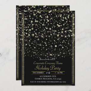 Gold & Black Confetti Splatter Holiday Party Invitation