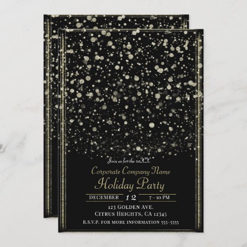 Gold  Black Confetti Splatter Holiday Party Invitation