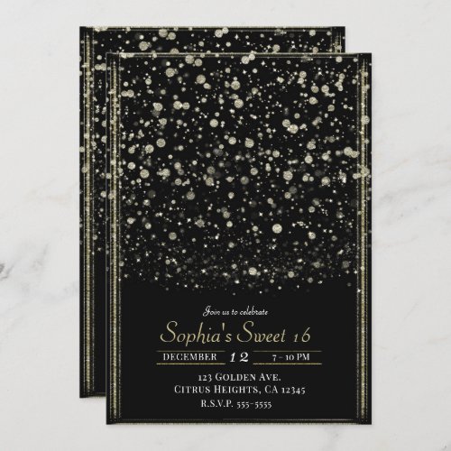 Gold  Black Confetti Splatter Sweet 16 Party Invitation