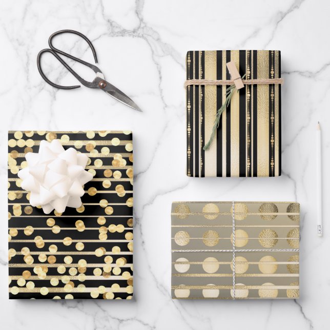 Gold black confetti stripes elegant formal pattern wrapping paper sheets (Front)