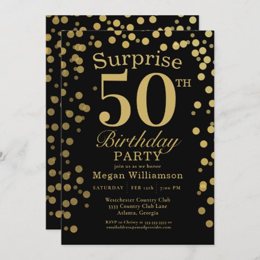 Gold Black Confetti Surprise 50th Birthday Invitation | Zazzle