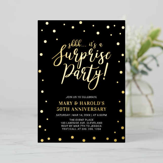 Gold & Black Confetti Surprise Anniversary Party Foil Invitation (Standing Front)