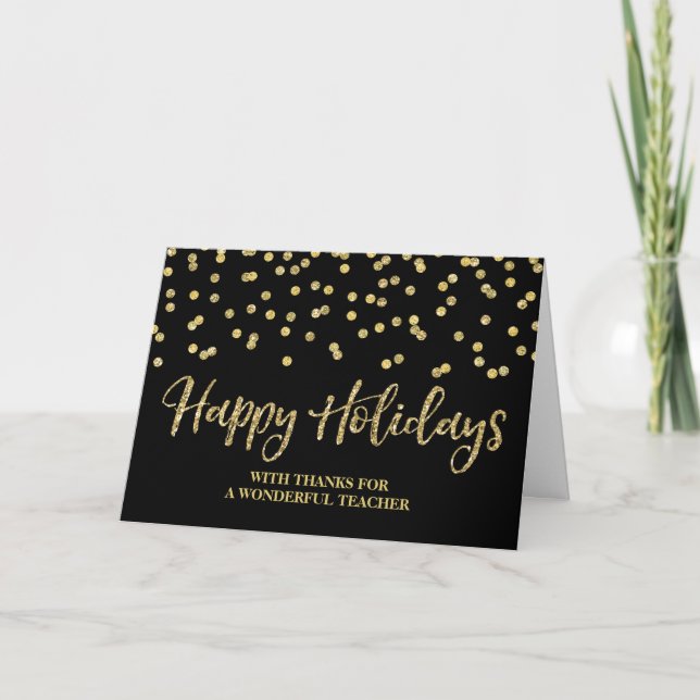 Gold Black Confetti Teacher Christmas Card (Front)