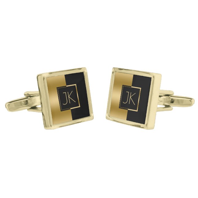Gold & Black Cool Geometric Design Gold Cufflinks (Angled)