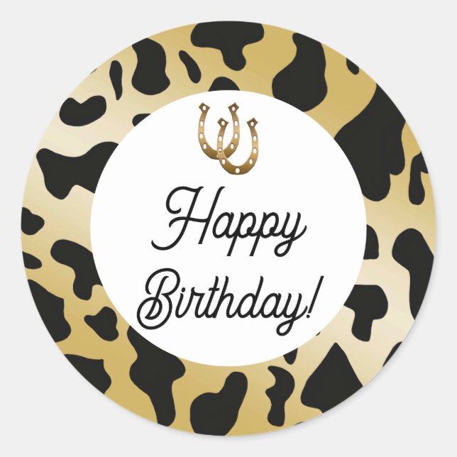 Gold & Black Cow Spots Birthday Classic Round Sticker (Front)