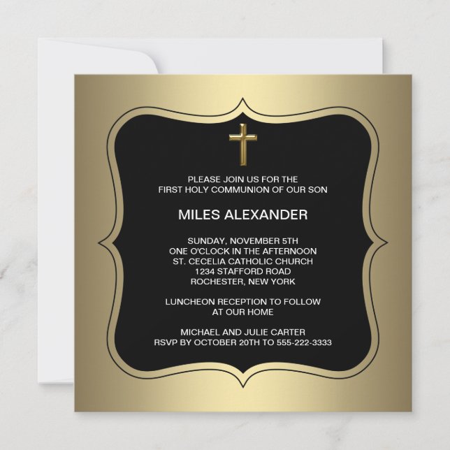 Gold Black Cross Boys First Communion Invitation (Front)