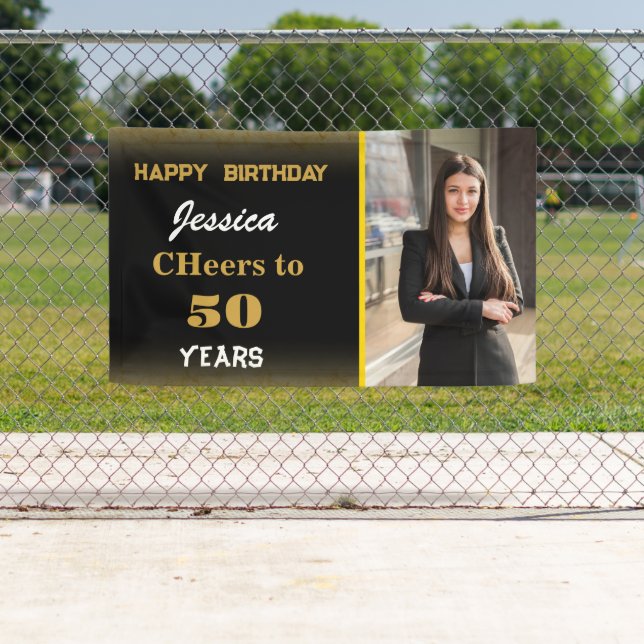 Gold Black Custom Happy Birthday Photo Party Banner (Insitu)