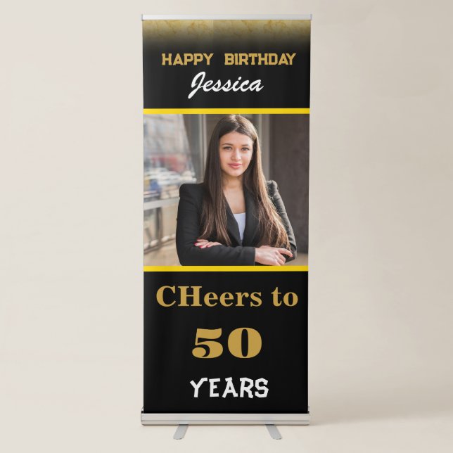 Gold Black Custom Happy Birthday Photo Party Retractable Banner (Front)