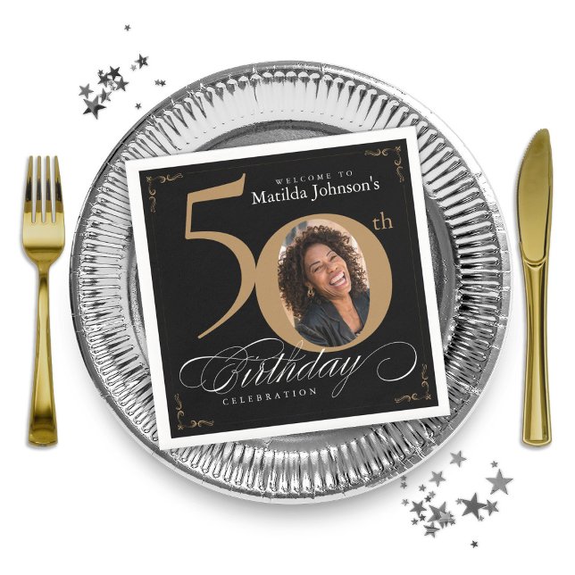 Gold Black Custom Photo 50th Birthday Party Napkins (50th Birthday Gold Black Calligraphy Custom Photo Napkins)