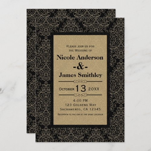 Gold  Black Damask Art Deco Glamour Chic Wedding Invitation