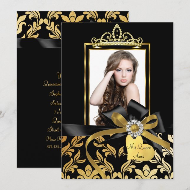 Gold Black Damask Bow Photo Quinceanera Invite (Front/Back)