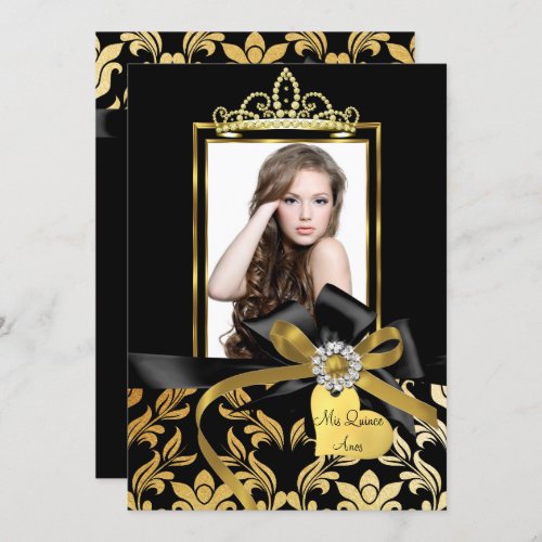 Gold Black Damask Bow Photo Quinceanera Invite