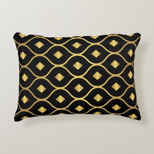 Gold Black Damask Diamond Pattern  Accent Pillow