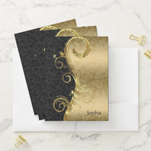 Gold & Black Damask Gold Floral Swirl Pocket Folder