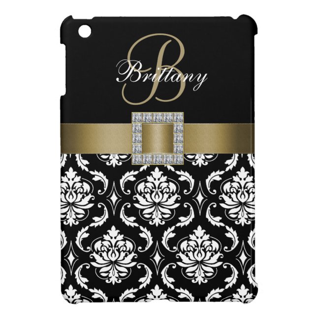 GOLD, BLACK DAMASK MONOGRAM COVER FOR THE iPad MINI (Back)