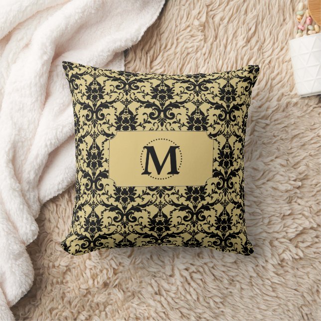 Gold Black Damask Monogram Throw Pillow (Blanket)