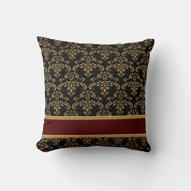 Gold & Black Damask Pattern Throw Pillow (Front)