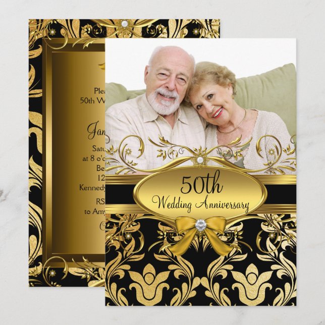 Gold Black Damask Photo 50th Anniversary Invite (Front/Back)