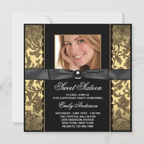 Gold Black Damask Photo Sweet 16 Party Invitation