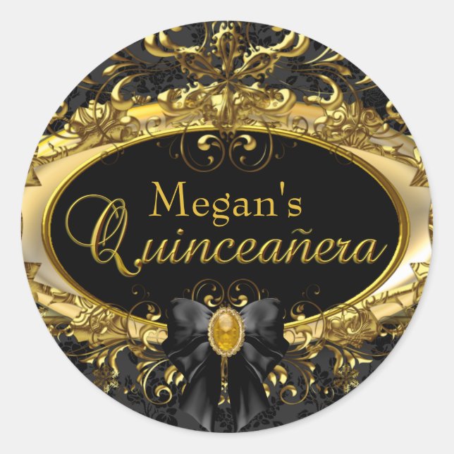 Gold & Black Damask Quinceanera Sticker (Front)