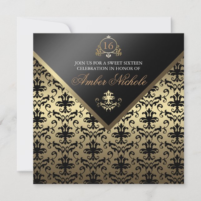 Gold & Black Damask Sweet 16 Invite (Front)