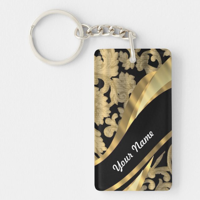 Gold & black damask swirl keychain (Front)