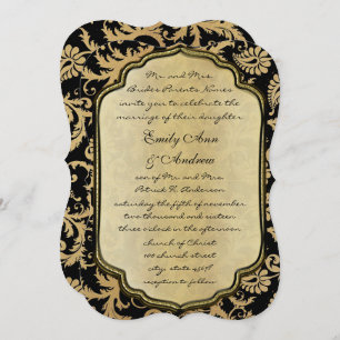 Gold & Black Damask Swirls Wedding Invitation