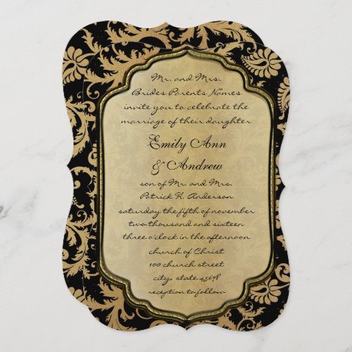 Gold  Black Damask Swirls Wedding Invitation