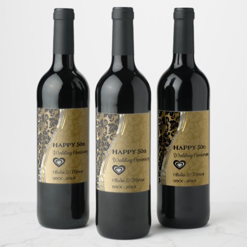 Gold  Black Damask Wedding Anniversary Wine Label