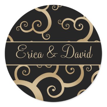 Gold Black Damask Wedding Invitations Classic Round Sticker