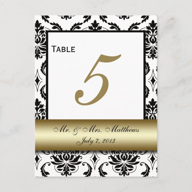 Gold Black Damask Wedding Table Number (Front)