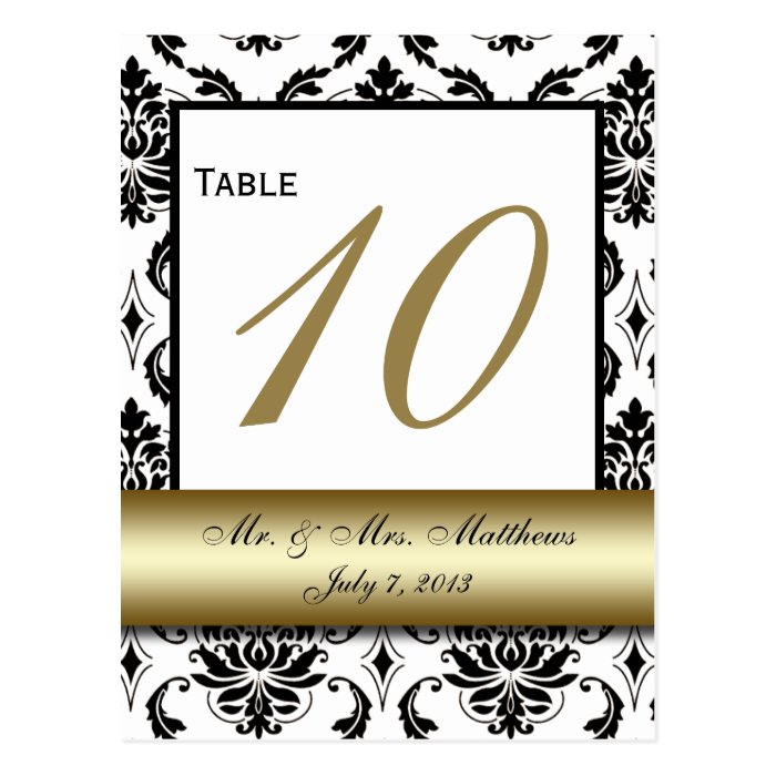 Gold Black Damask Wedding Table Number Postcards