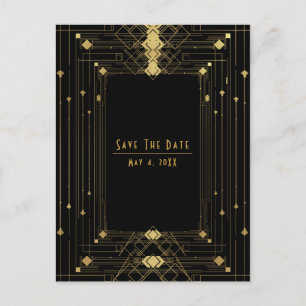 Gold Black Deco Gatsby Roaring 20's Save the Date Announcement Postcard