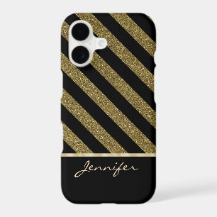 Gold Black Diagonal Faux Glitter Stripe iPhone 17 Case