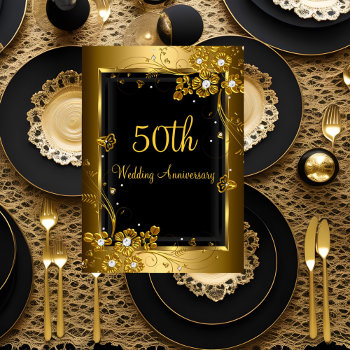 Gold Black Diamond Floral 50th Anniversary Party Invitation by Zizzago at Zazzle
