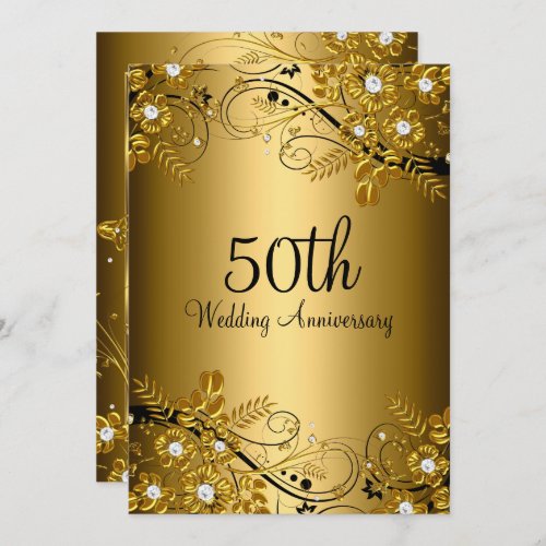 Gold Black Diamond Floral Swirl 50th Anniversary Invitation