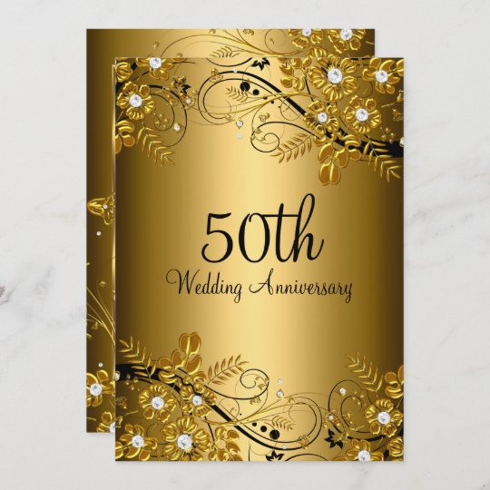 Gold Black Diamond Floral Swirl 50th Anniversary Invitation | Zazzle.com