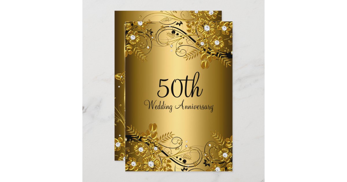 Gold Black Diamond Floral Swirl 50th Anniversary Invitation | Zazzle