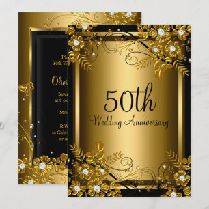 Gold Black Diamond Floral Swirl 50th Anniversary Invitation