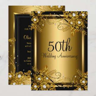 Gold Black Diamond Floral Swirl 50th Anniversary Invitation