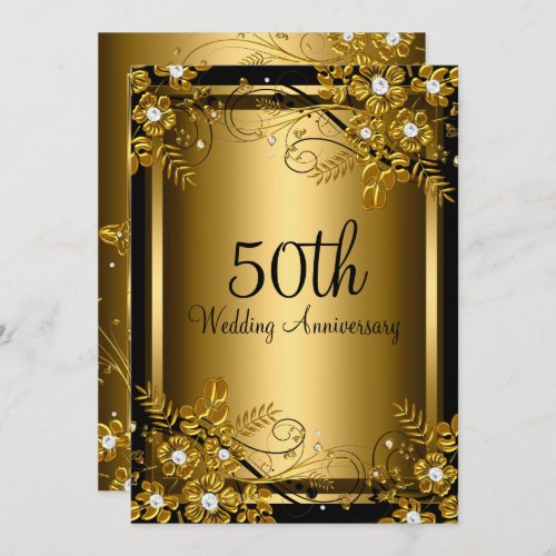 Gold Black Diamond Floral Swirl 50th Anniversary Invitation