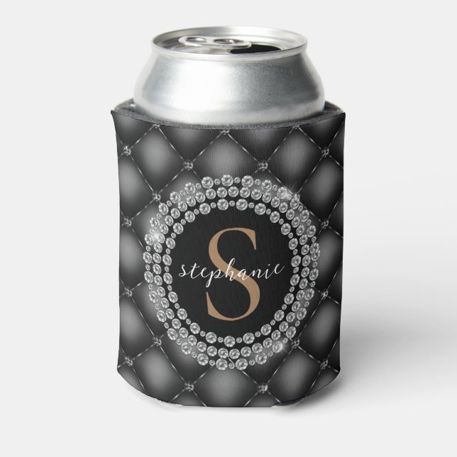 Gold Black Diamonds Monogram Tufted Elegant Luxury Can Cooler (Can Back)