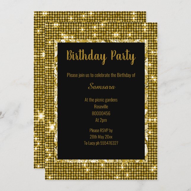 GOLD BLACK DISCO THEME ALL OCCASION BIRTHDAY BLK INVITATION (Front/Back)