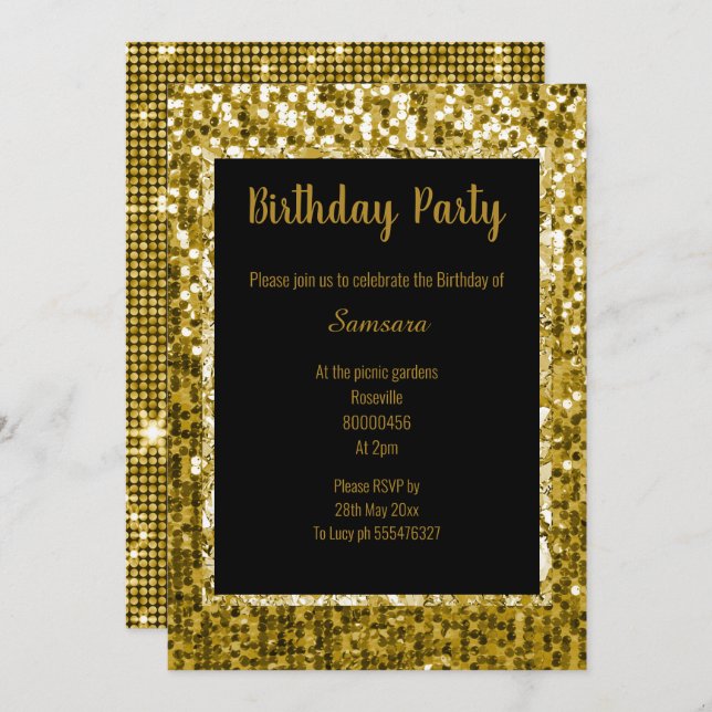 GOLD BLACK DISCO THEME SUPER SPARKLE BIRTHDAY BLK INVITATION (Front/Back)