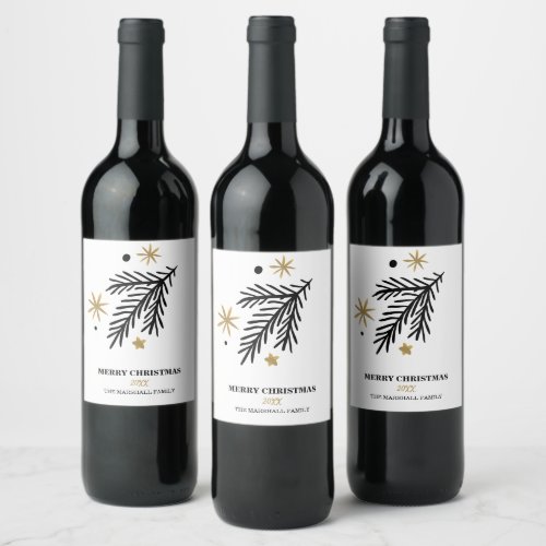 Gold Black doodle pine branch christmas holidays Wine Label