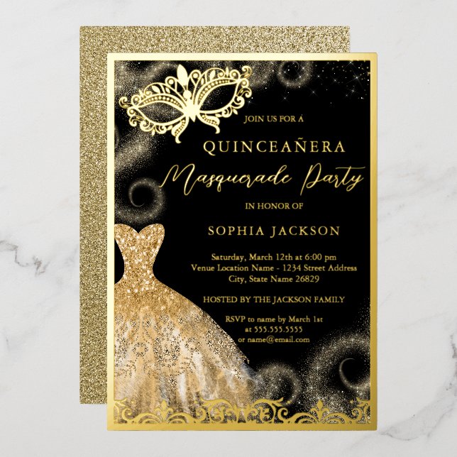 Gold Black Dress Masquerade Party Quinceanera   Foil Invitation (Front/Back)