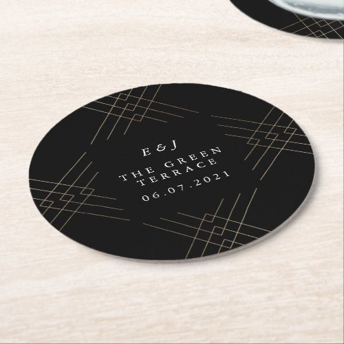 Gold Black Elegance Diamond Geo Deco Wedding Round Paper Coaster