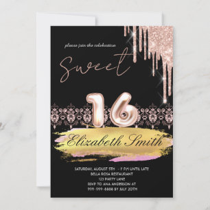Gold-black elegance, rose gold sweet sixteen Invitation