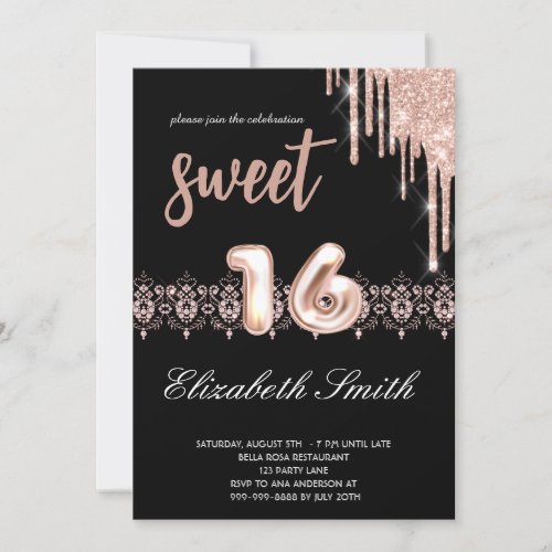  Gold_black elegance  rose gold sweet sixteen    Invitation