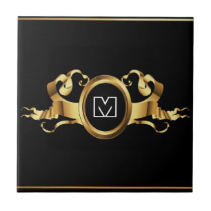 Gold-Black Elegance With Initials Ceramic Tile